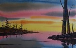 seascape, landscape, swamp, muskeg, sunset, original watercolor painting, oberst